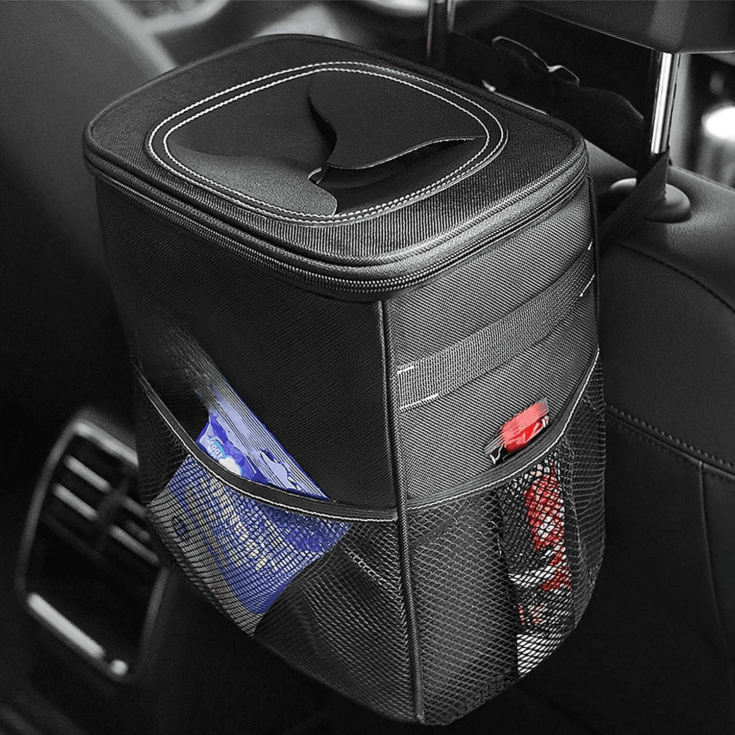 Car Trash Can with Lid & Storage Pockets